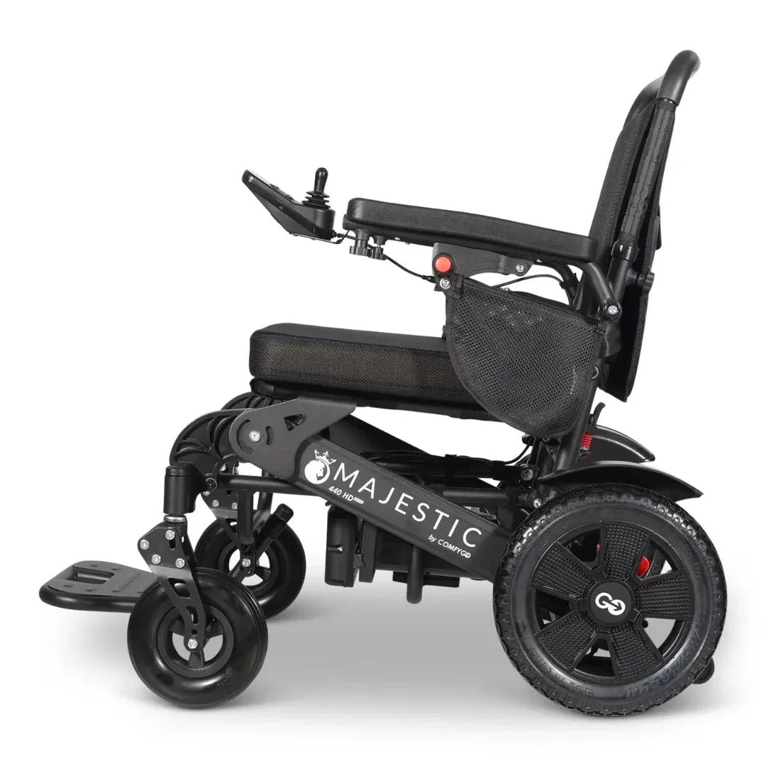 Electric wheelchair ComfyGO Majestic 440 HD Plus – left side view, unfolded, with joystick controller and footrest