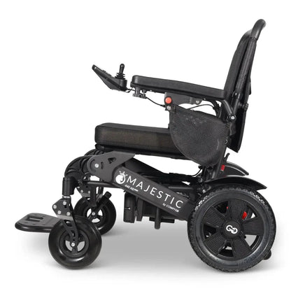 Electric wheelchair ComfyGO Majestic 440 HD Plus – left side view, unfolded, with joystick controller and footrest