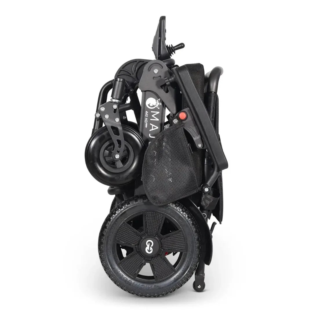 Electric wheelchair ComfyGO Majestic 440 HD Plus – right side view, folded, showing compact form and wheels
