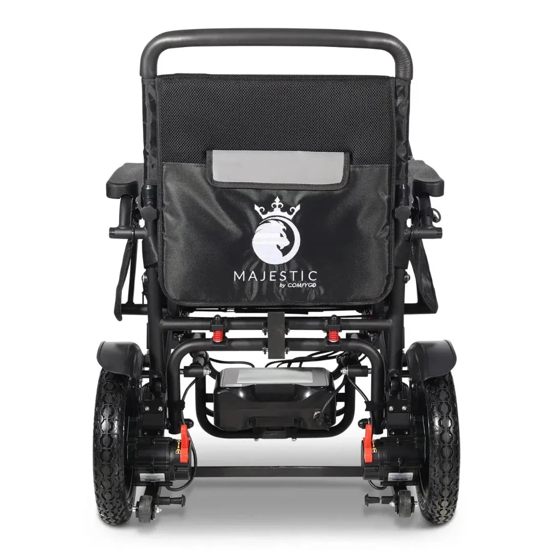 Electric wheelchair ComfyGO Majestic 440 HD Plus – rear view of the black folded wheelchair with Majestic logo