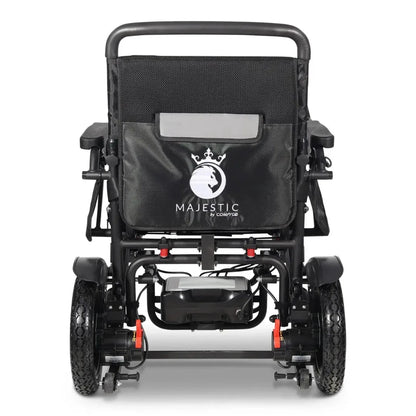 Electric wheelchair ComfyGO Majestic 440 HD Plus – rear view of the black folded wheelchair with Majestic logo