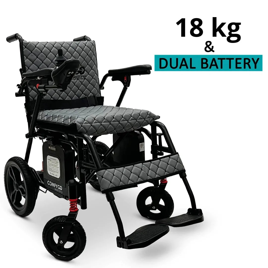 Electric wheelchair ComfyGO X7 – front three-quarter view, unfolded, with gray quilted seat and backrest