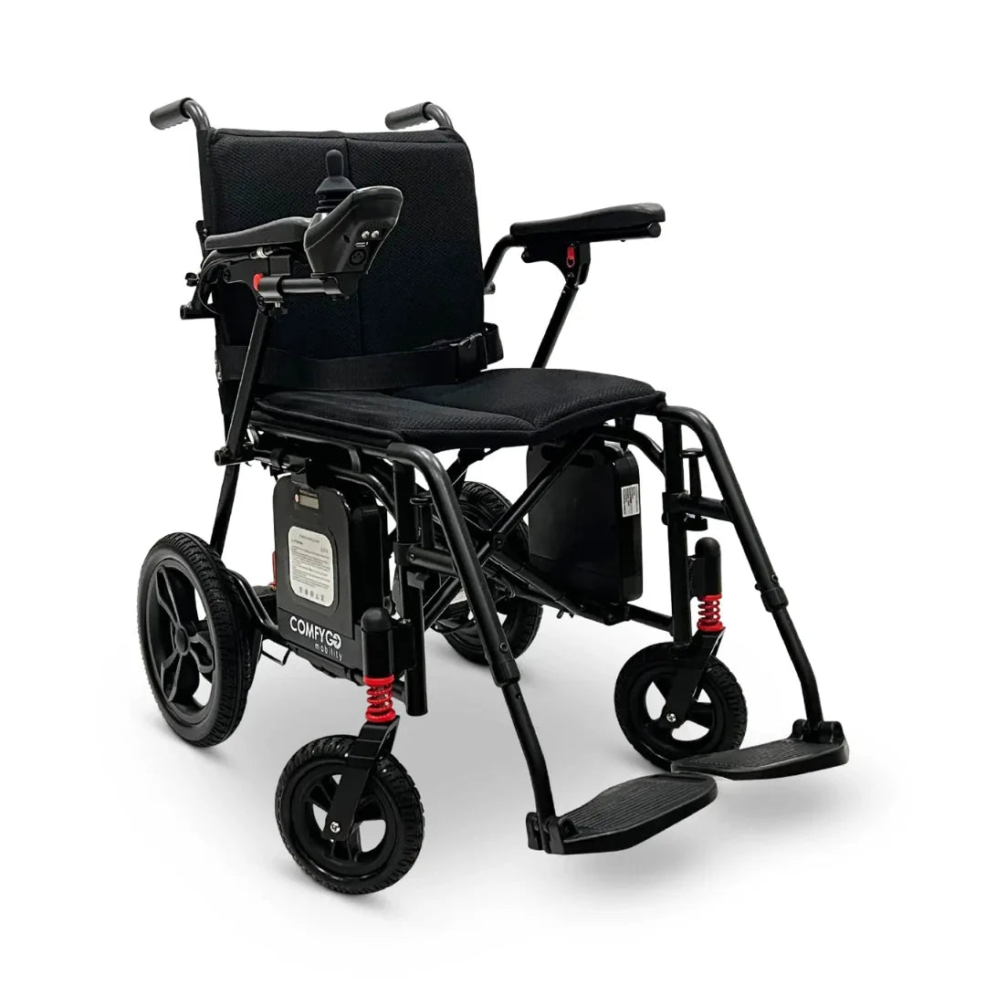 Electric wheelchair ComfyGO X7 – front three-quarter view, unfolded, with plain black seat and backrest