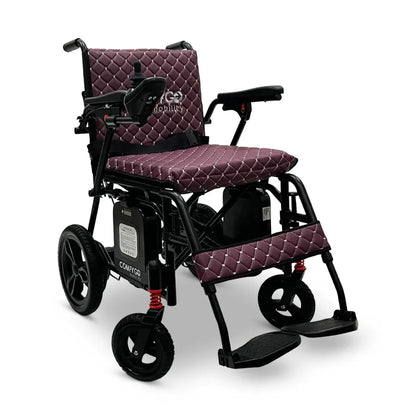 Electric wheelchair ComfyGO X7 – front three-quarter view, unfolded, with purple quilted seat and backrest