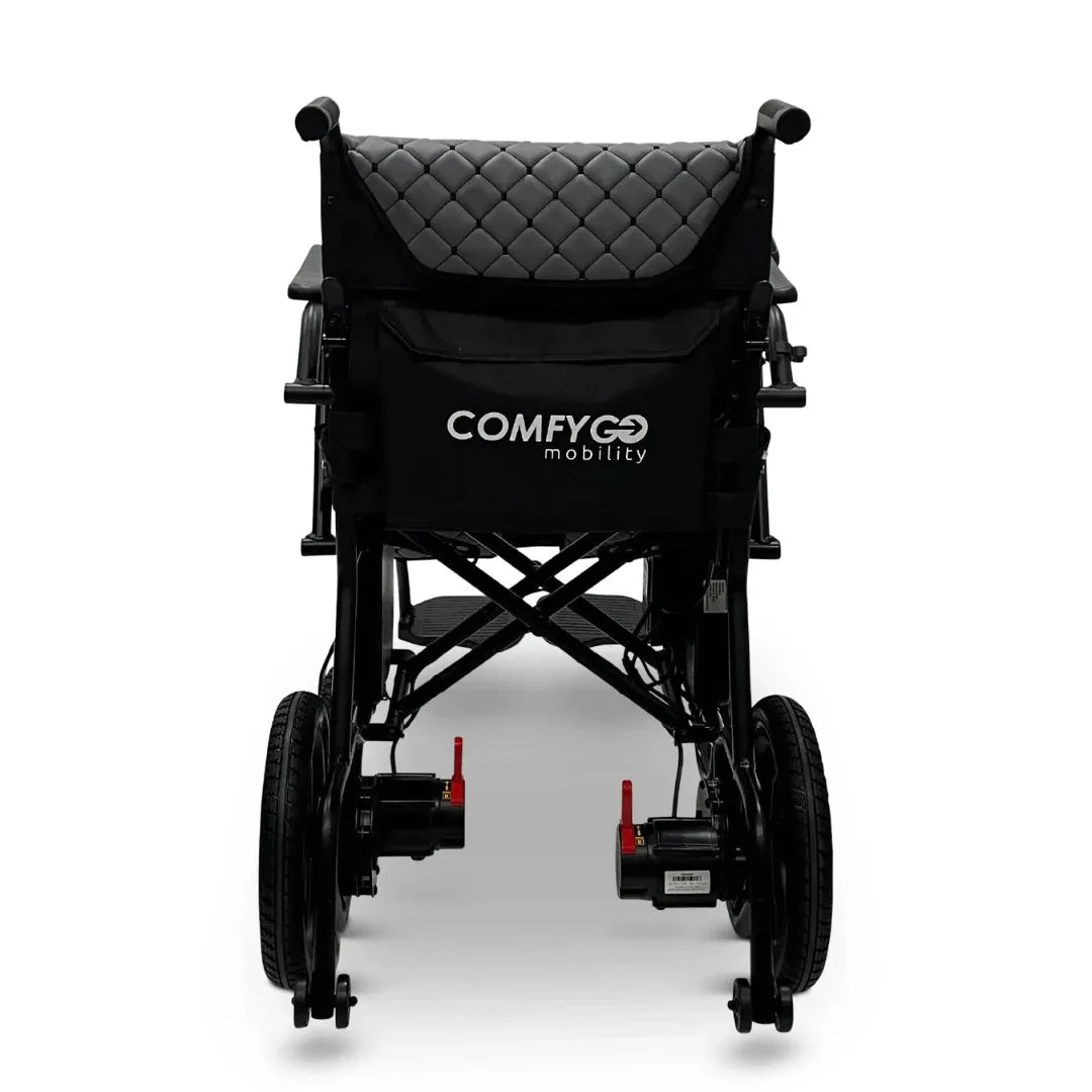 Electric wheelchair ComfyGO X7 – rear view, unfolded, showing wheels, backrest, and storage bag