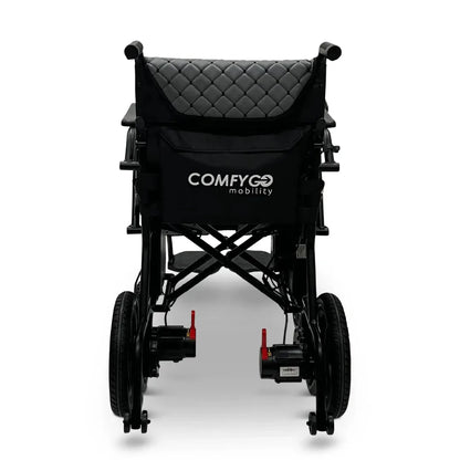 Electric wheelchair ComfyGO X7 – rear view, unfolded, showing wheels, backrest, and storage bag