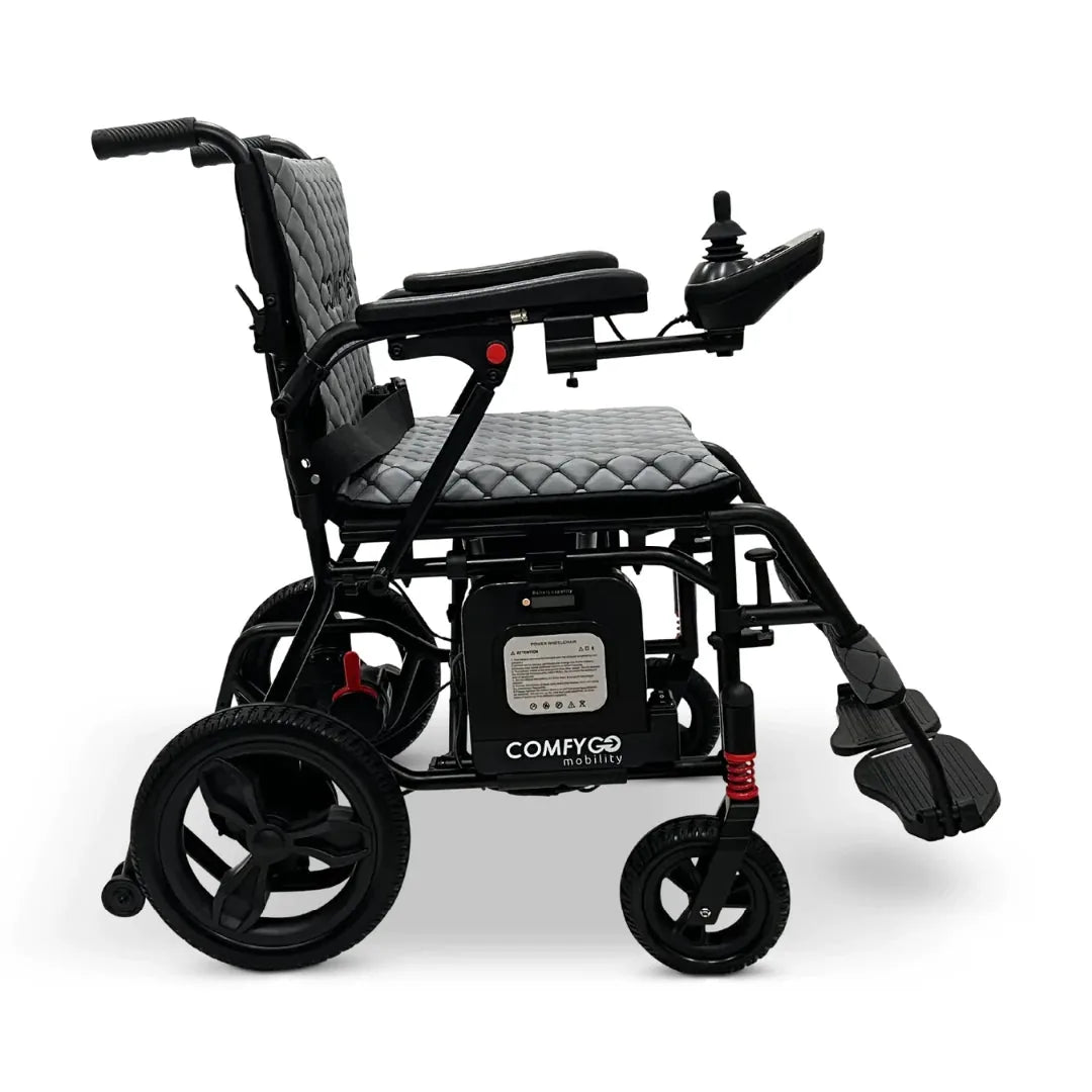 Electric wheelchair ComfyGO X7 – left side profile, unfolded, with joystick controller and footrests down