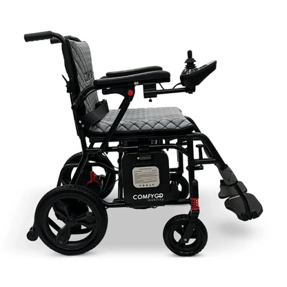Electric wheelchair ComfyGO X7 – left side profile, unfolded, with joystick controller and footrests down