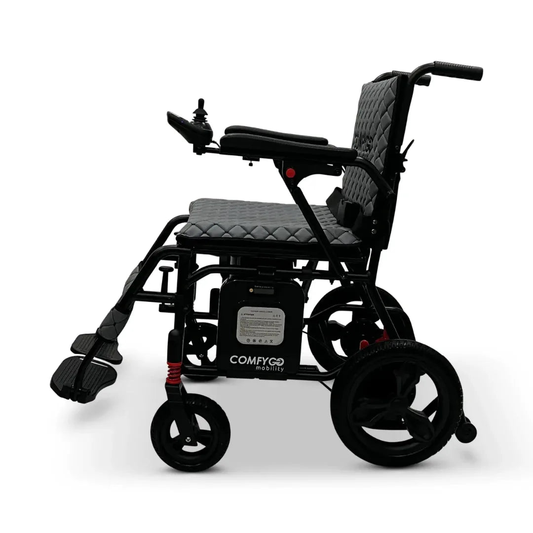 Electric wheelchair ComfyGO X7 – right side profile, unfolded, with joystick controller and footrests folded back