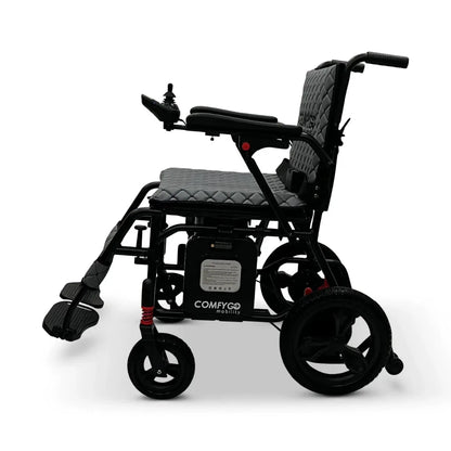Electric wheelchair ComfyGO X7 – right side profile, unfolded, with joystick controller and footrests folded back