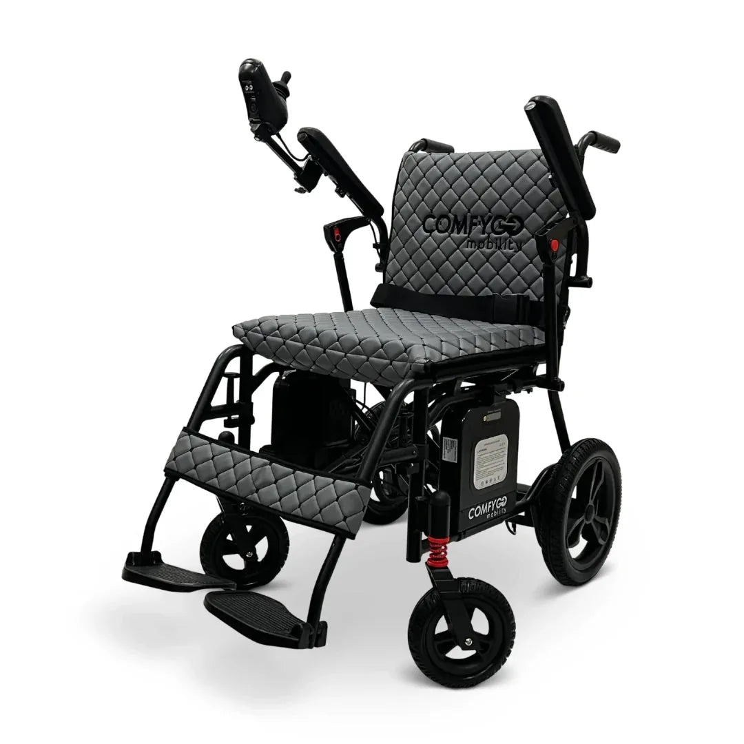 Electric wheelchair ComfyGO X7 – front view, folded, with gray quilted seat and backrest