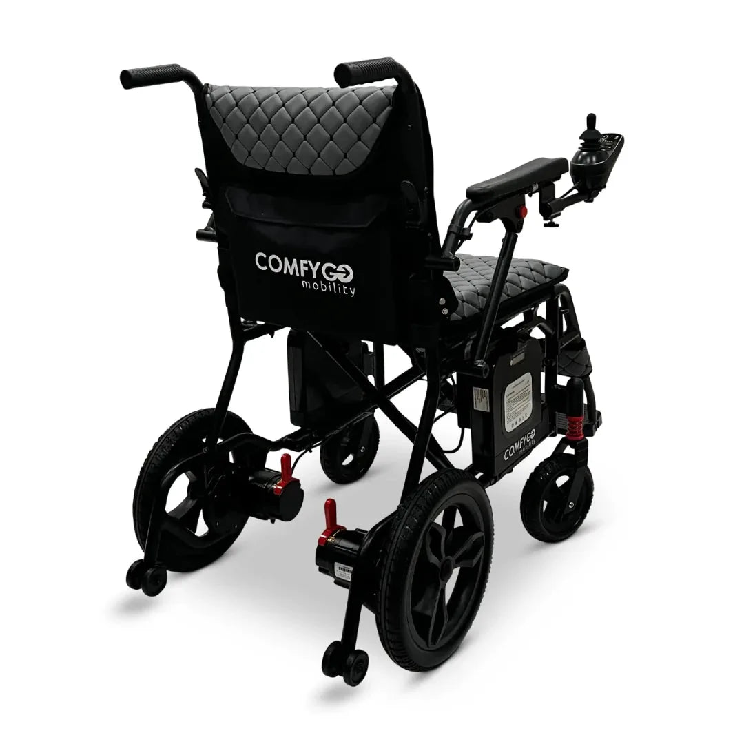 Electric wheelchair ComfyGO X7 – rear three-quarter view, folded, with gray quilted seat and backrest