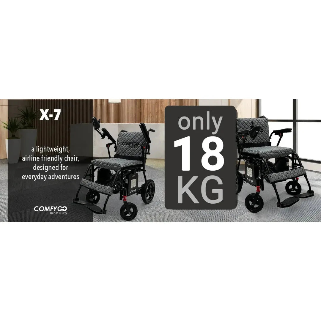 Electric wheelchair ComfyGO X7 – two lightweight chairs in a room, with "only 18 KG" emphasized