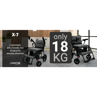 Electric wheelchair ComfyGO X7 – two lightweight chairs in a room, with "only 18 KG" emphasized