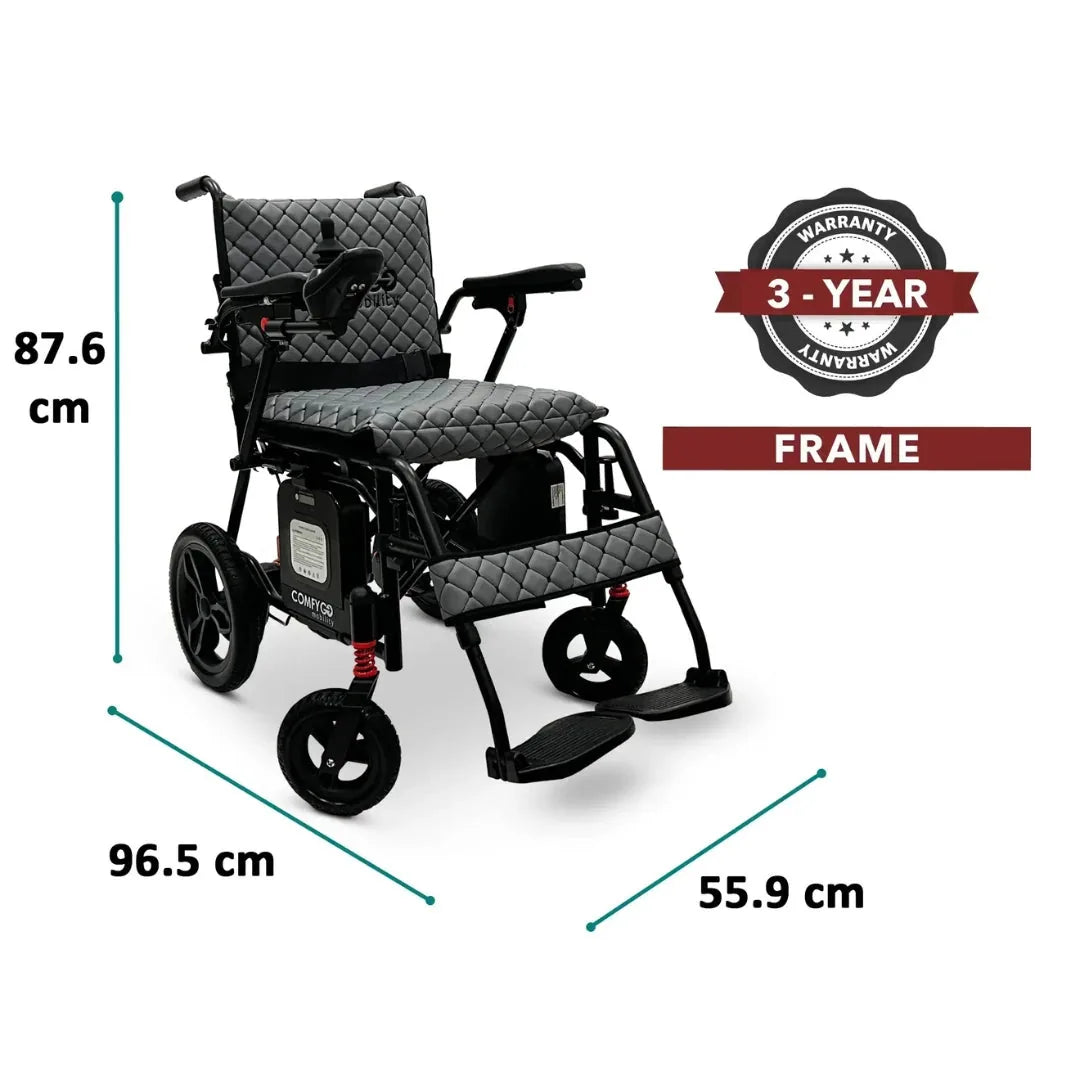 Electric wheelchair ComfyGO X7 – angled view of the chair with height, width, and depth dimensions labeled
