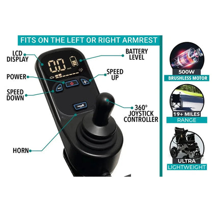 Electric wheelchair ComfyGO X7 – close-up of the joystick controller with labels for its features and functions