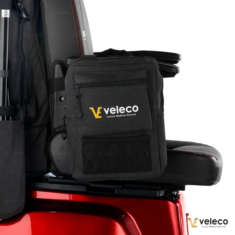 Side armrest bag for Veleco mobility scooters – bag attached to armrest of red scooter