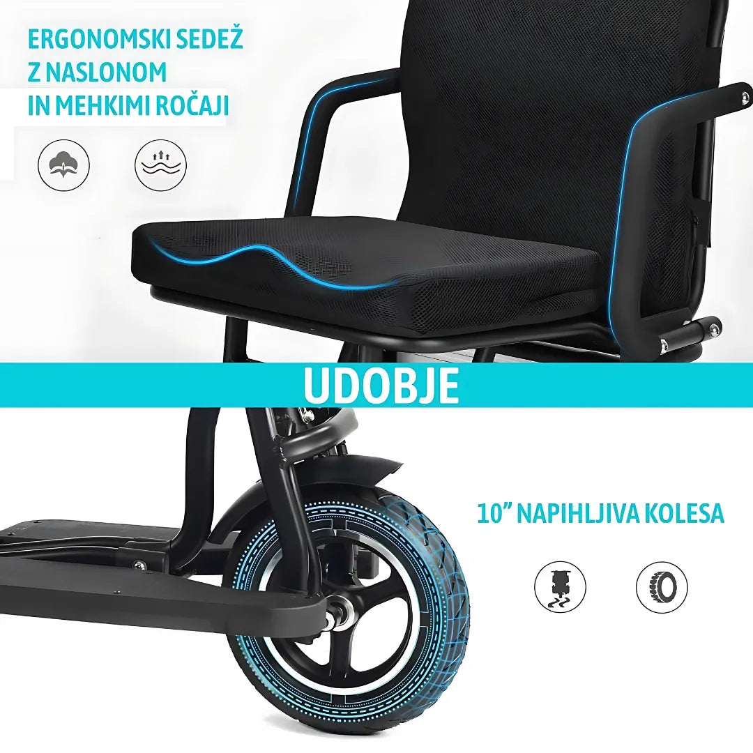 Slika električnega mobilnega vozička Smartelektro G3, ki ima ergonomski sedež in 10 kolesa.