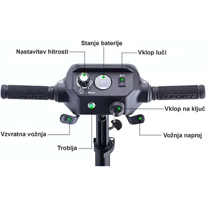 Electric Mobility Scooter Smartelektro F6 features a sleek control panel with speed adjustment, battery status, and intuitive controls for reverse and forward motion.