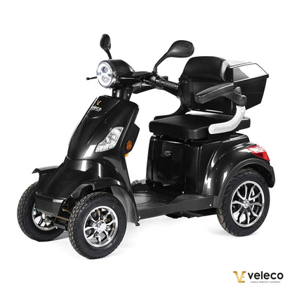 Veleco Faster – black four-wheel scooter with rear storage box