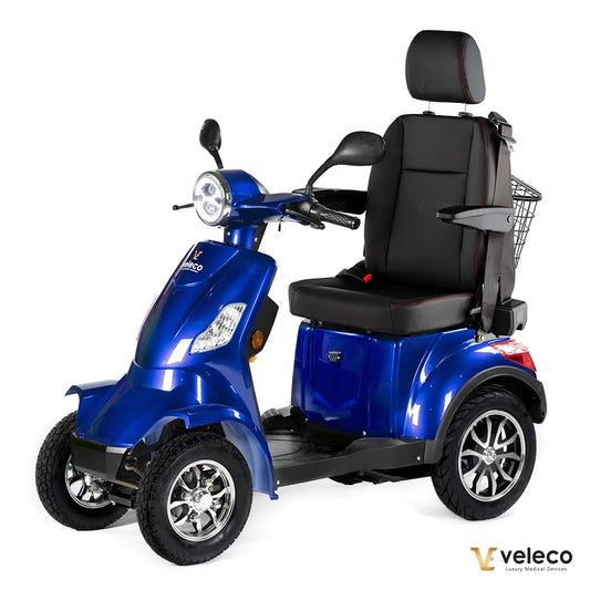 Veleco Faster – blue four-wheel scooter with rear basket