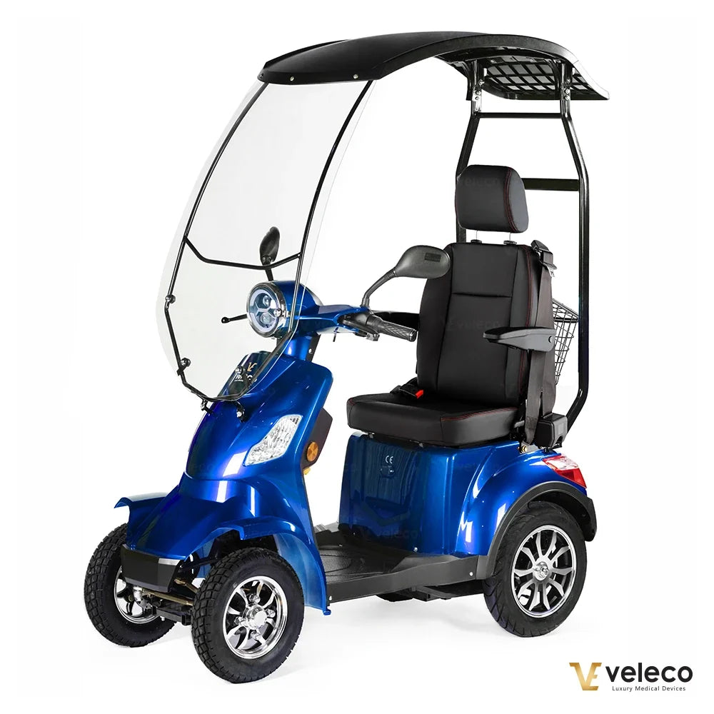 Veleco Faster – blue four-wheel scooter with canopy