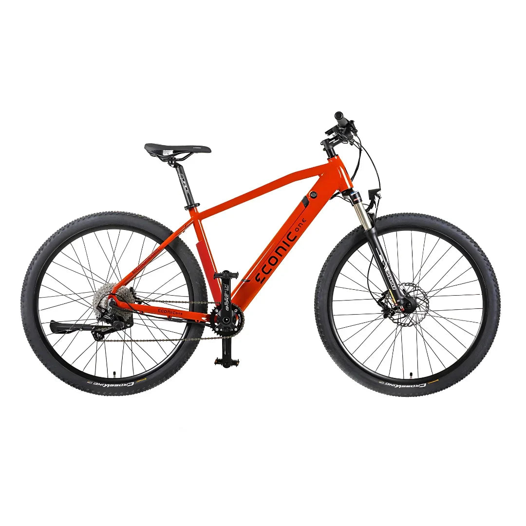 Electric Bike Econic One Cross Country features a robust orange frame, large tires, and front suspension for off-road adventures.