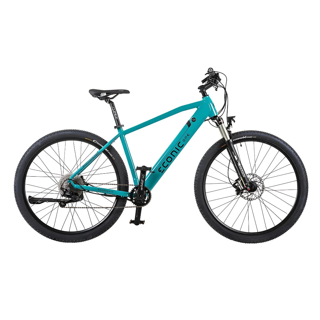 Electric Bike Econic One Cross Country features a sleek turquoise frame with rugged tires, ideal for outdoor adventures.