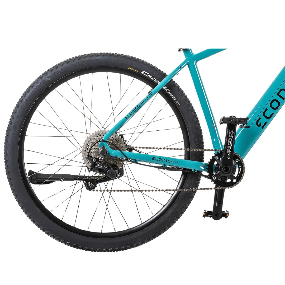 Electric Bike Econic One Cross Country features a sleek turquoise frame, durable off-road tires, and a precise gearing system for smooth rides.