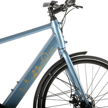 Electric Bike Metroneer London Eu700plus features a sleek blue frame with urban skyline graphics.