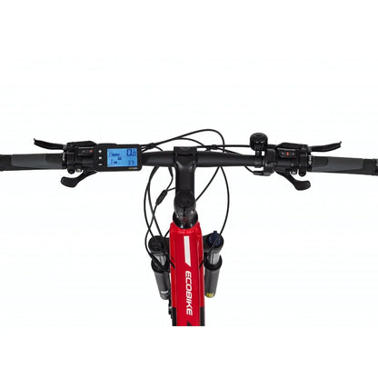 Electric Bike Ecobike Sx features a sleek red frame, adjustable handlebar, and a digital display for tracking.