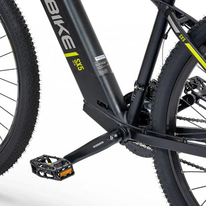 Electric Bike Ecobike SX 5 features a sleek black frame, Shimano pedals, and robust tires for durability.