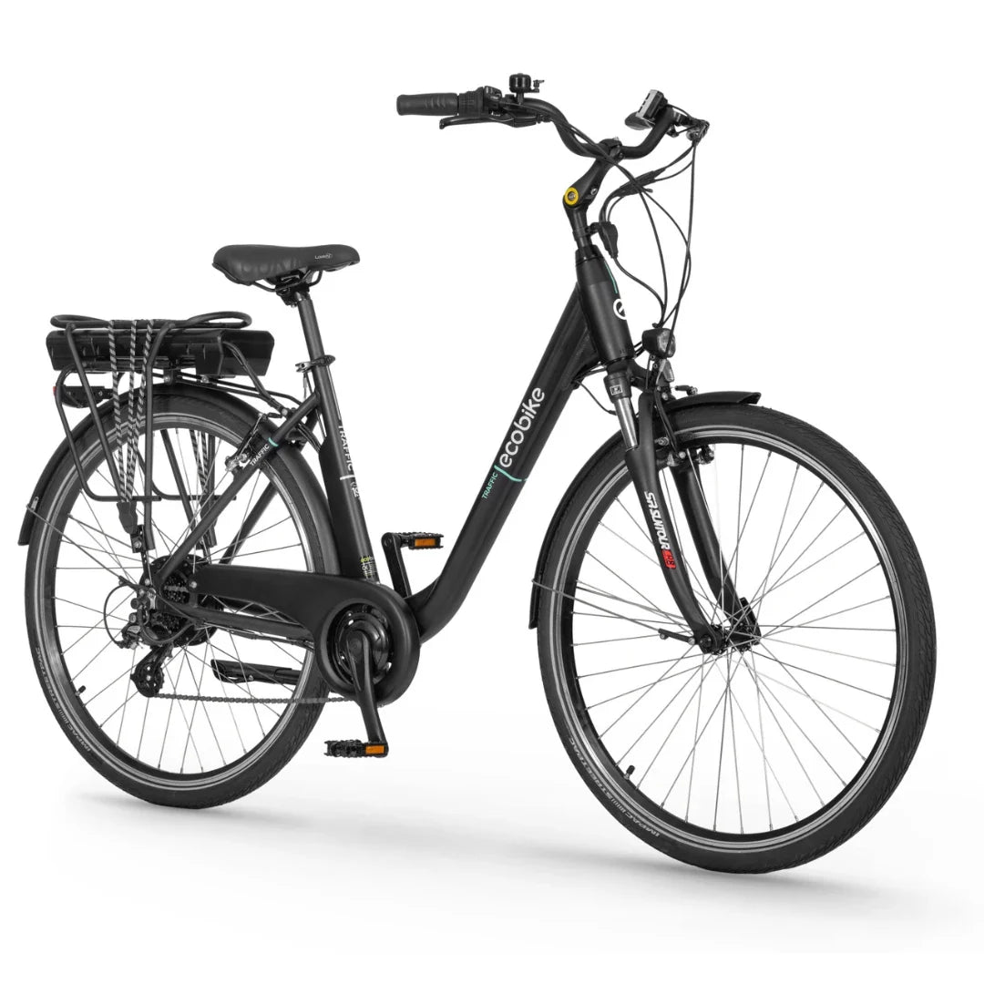 Electric Bike Ecobike Traffic features a sleek black design, comfortable seat, and rear battery mount.