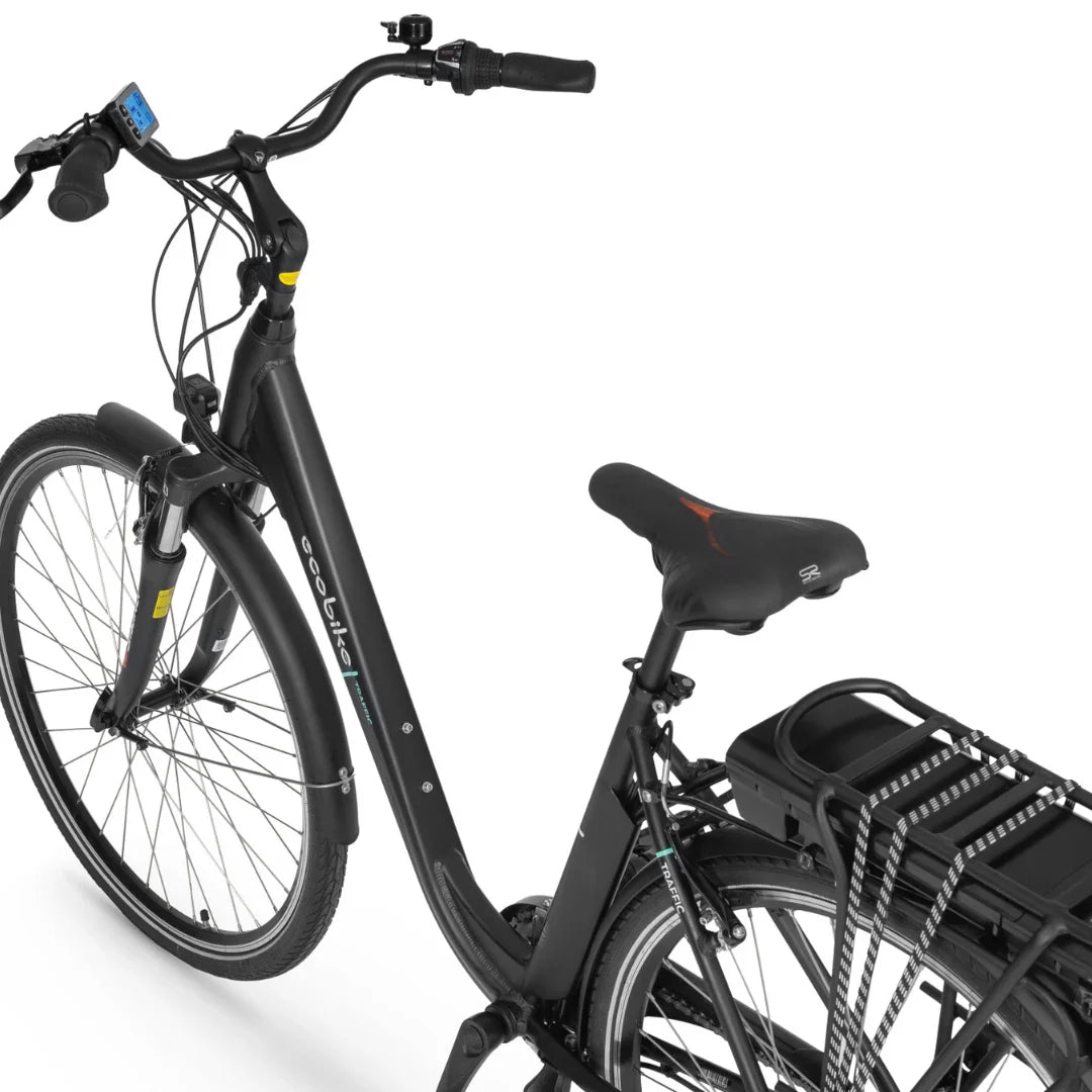 Electric Bike Ecobike Traffic features a sleek black design, adjustable seat, and modern display, ideal for commuting.