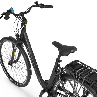 Electric Bike Ecobike Traffic features a sleek black design, adjustable seat, and modern display, ideal for commuting.