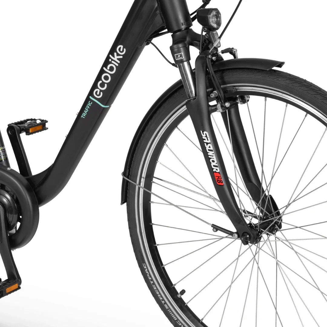 Electric Bike Ecobike Traffic, featuring a sleek black frame, front suspension, and durable tires for urban rides.