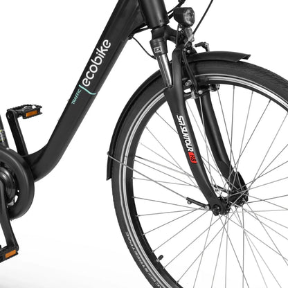 Electric Bike Ecobike Traffic, featuring a sleek black frame, front suspension, and durable tires for urban rides.