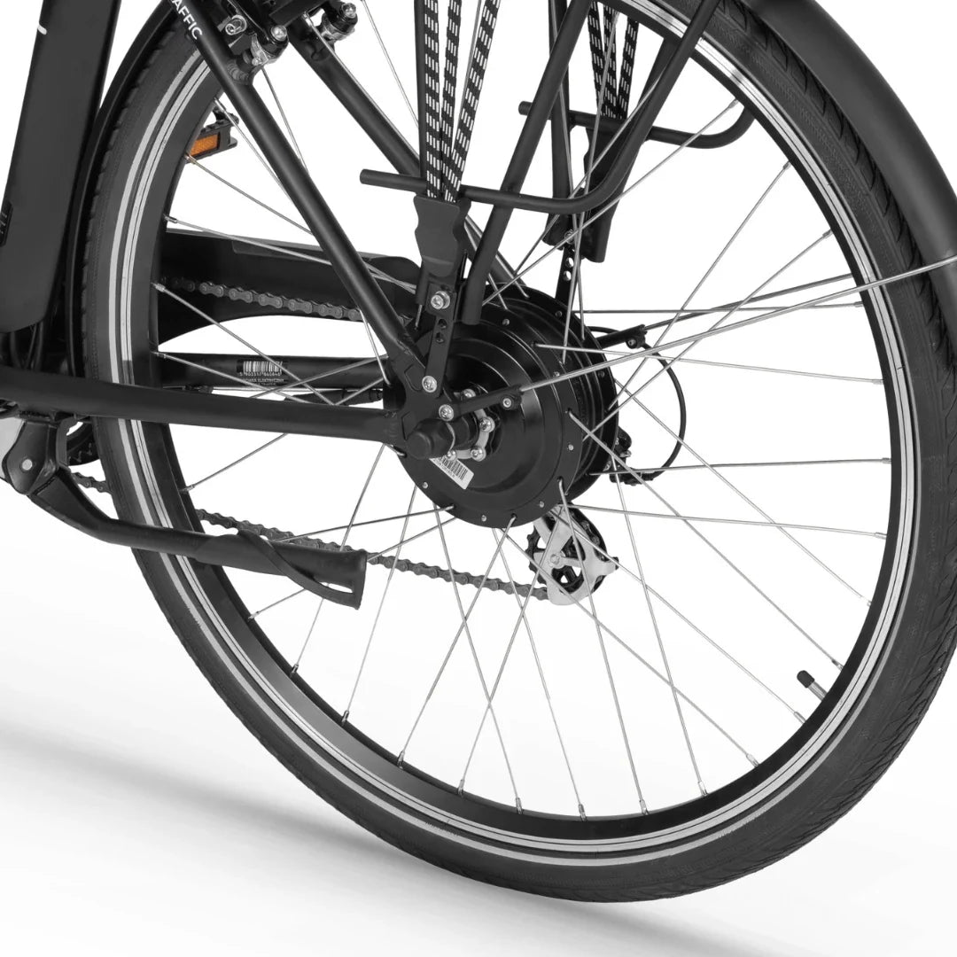 Electric Bike Ecobike Traffic features a rear wheel close-up showcasing the motor, chain, and spokes.