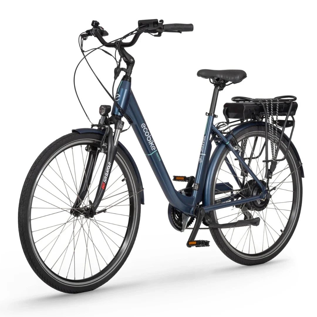 Electric Bike Ecobike Traffic features a sleek blue design, comfortable seat, and adjustable handlebars for a smooth ride.
