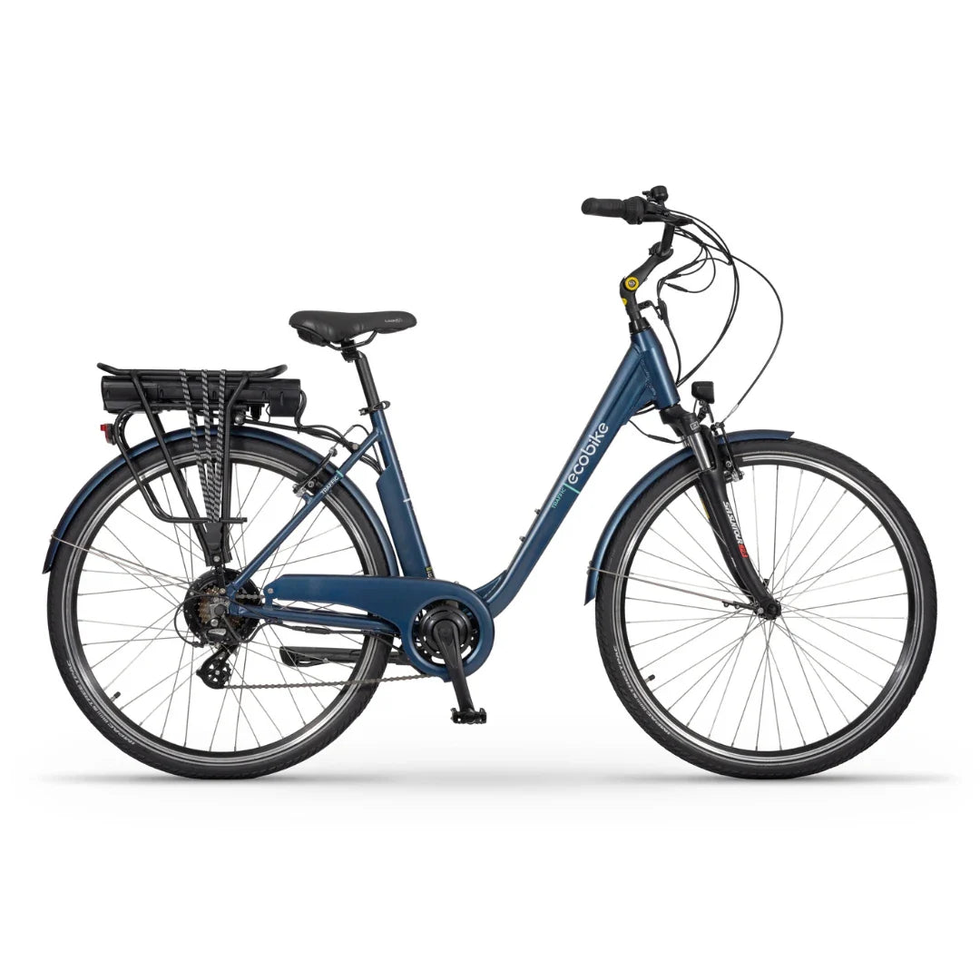 Electric Bike Ecobike Traffic features a sleek blue frame, integrated battery, and city-friendly design for easy rides.