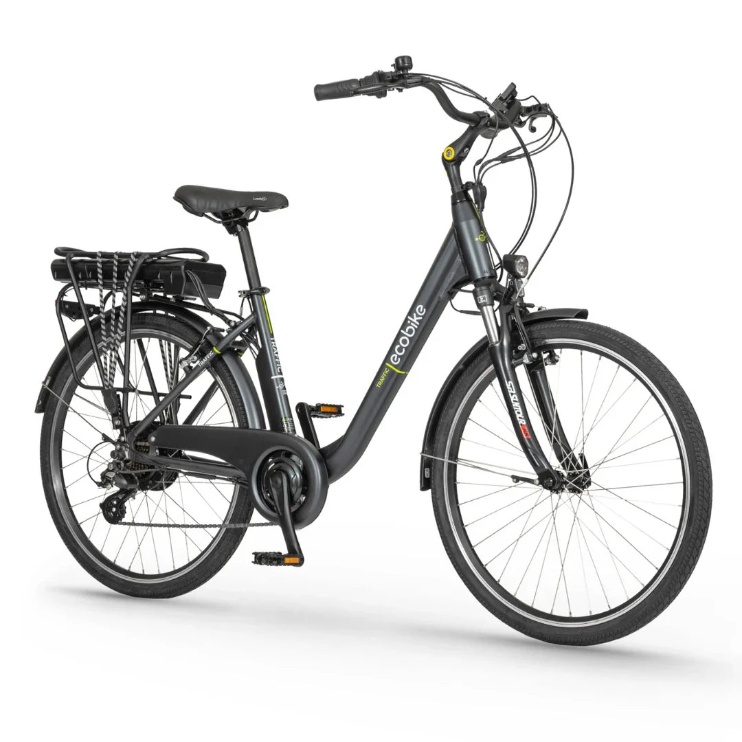 Electric Bike Ecobike Traffic, sleek black design, comfortable seat, sturdy frame, ideal for urban commuting.