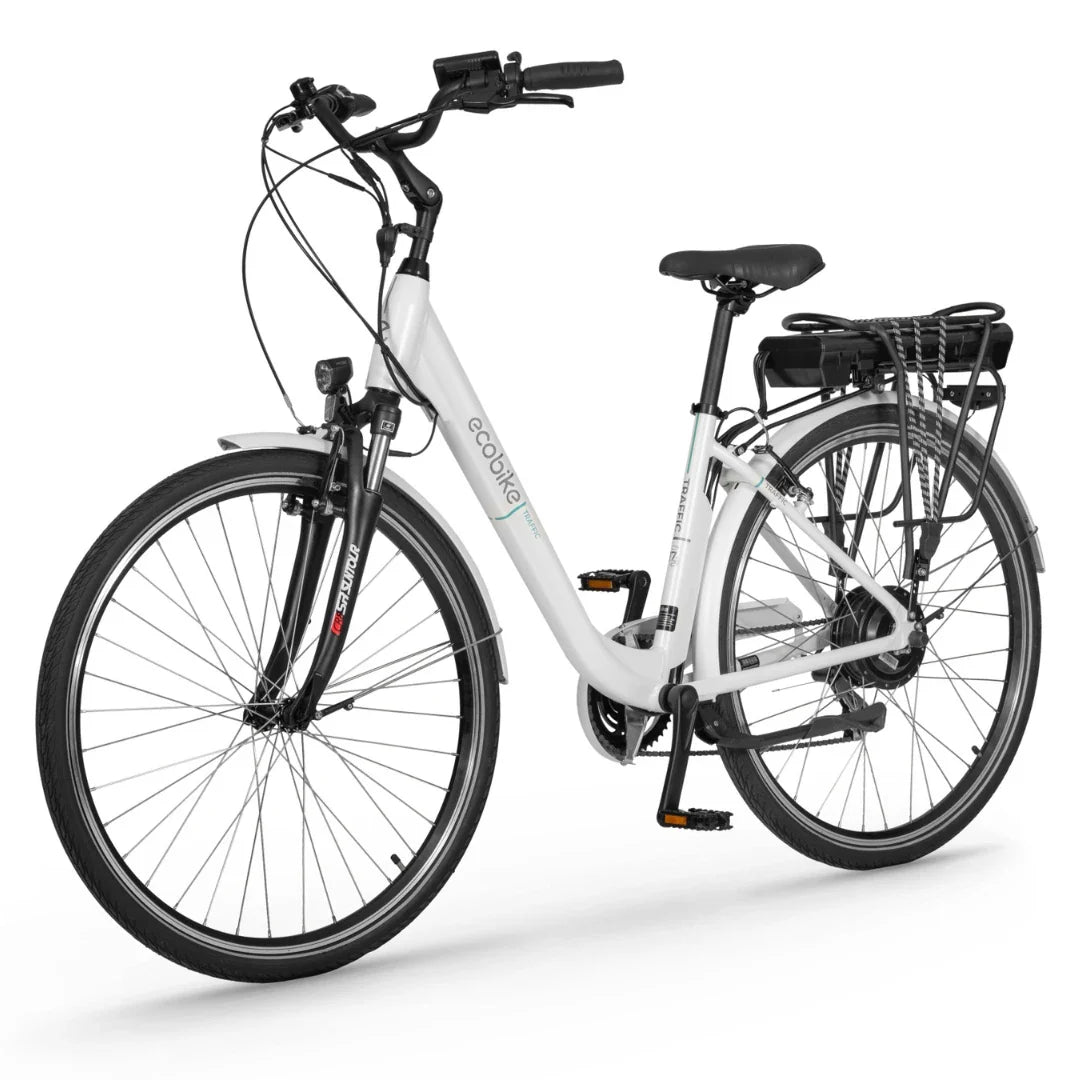 Electric Bike Ecobike Traffic features a sleek white frame, comfortable saddle, and rear battery rack.