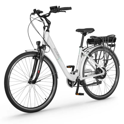 Electric Bike Ecobike Traffic features a sleek white frame, comfortable saddle, and rear battery rack.