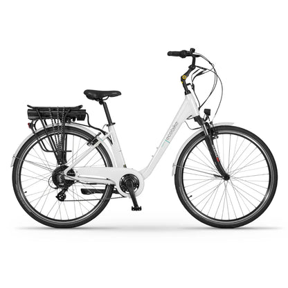 Electric Bike Ecobike Traffic features a stylish white frame, comfortable seat, and mounted battery, ideal for city rides.