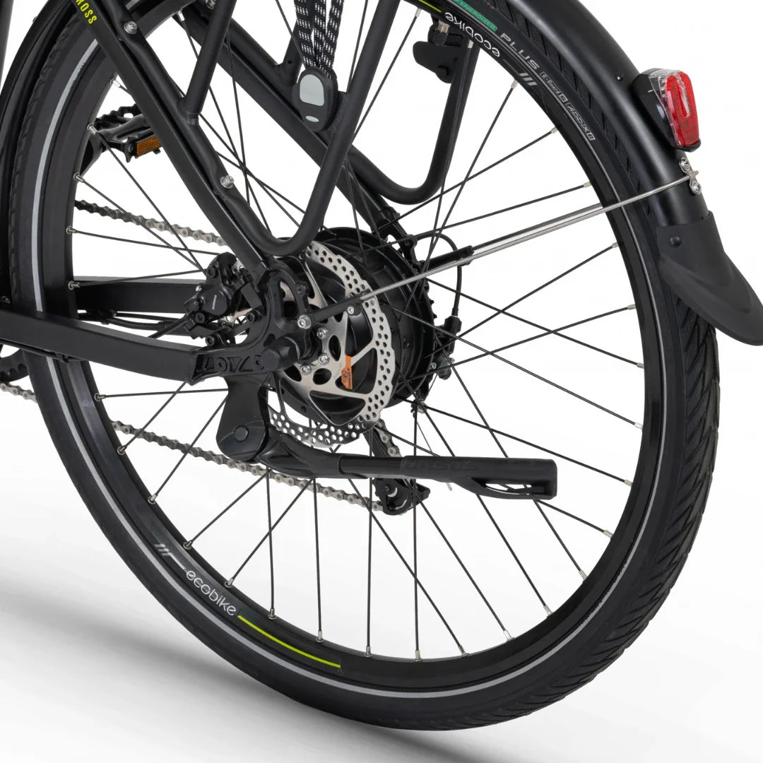 Electric Bike Ecobike X Cross features a robust rear wheel, hydraulic disc brake, and durable tires for stability.