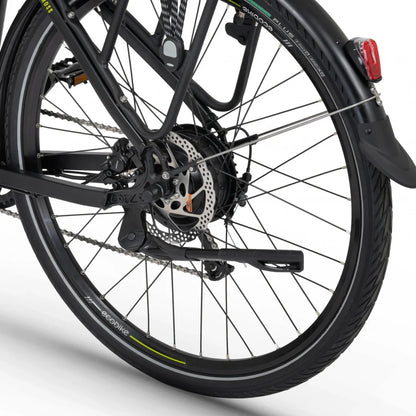 Electric Bike Ecobike X Cross features a robust rear wheel, hydraulic disc brake, and durable tires for stability.