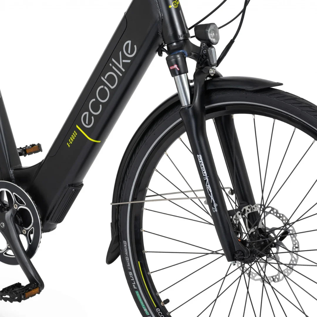 Electric Bike Ecobike X Cross features a sleek black frame, front suspension, and sturdy wheels for a smooth ride.