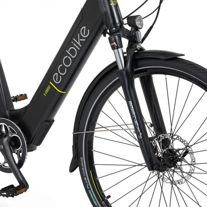 Electric Bike Ecobike X Cross features a sleek black frame, front suspension, and sturdy wheels for a smooth ride.