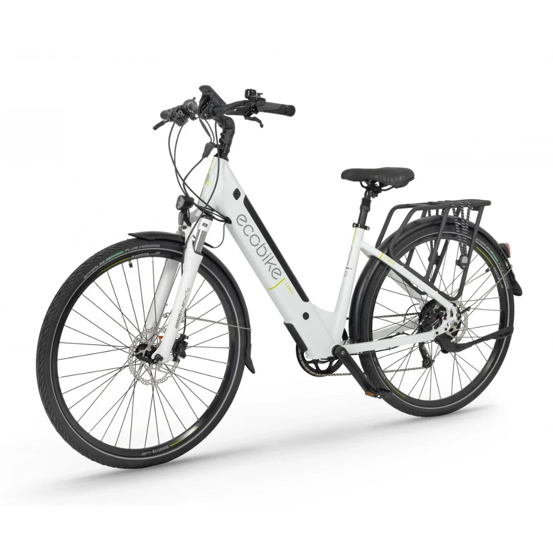 Electric Bike Ecobike X Cross features a sleek white frame, comfortable seat, and durable tires, perfect for urban rides.