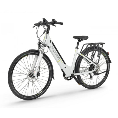 Electric Bike Ecobike X Cross features a sleek white frame, comfortable seat, and durable tires, perfect for urban rides.